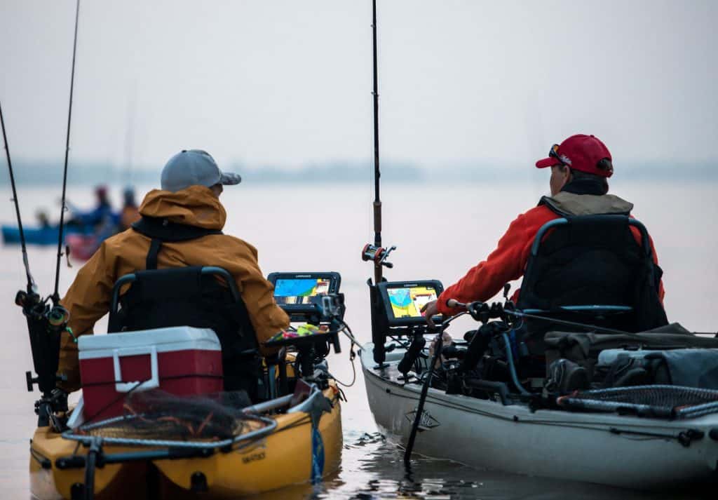 two kayak anglers with trolling motors