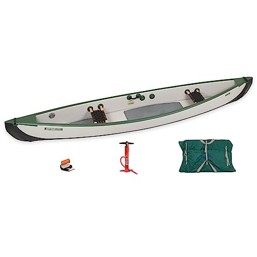 Sea Eagle TC16 Inflatable 16’ High Pressure Drop Stitch Travel Canoe-Wood Web Seats, Pump, Bag and Optional Paddles for Lakes, Rivers & Bays-Easy to Transport, Pack & Stow (TC16 Startup Package)