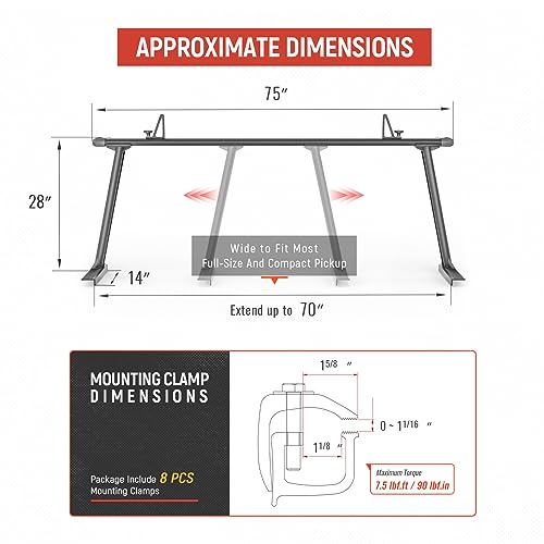 AA-Racks Model APX25 Extendable Aluminum Pick-Up Truck Ladder Rack (No Drilling Required) - Sandy Black