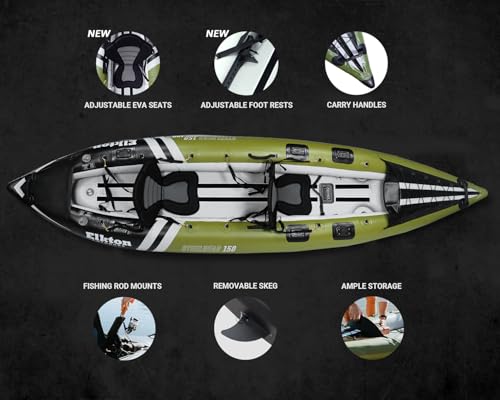Elkton Outdoors Steelhead Inflatable Fishing Kayak Boat - 2 Person Angler Blow Up Tandem Kayak, Includes Paddles, Seats, Hard Mounting Points, Bungee Storage, Rigid Dropstitch Floor and Spray Guard