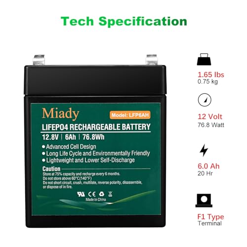 2000 Cycles 12V 6Ah Miady Lithium Iron Phosphate Battery, Rechargeable LiFePo4 Battery, Low Self-Discharge and Light Weight, for Kid Scooters, Fios Replacement Battery