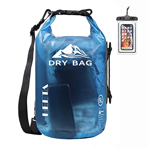 HEETA Dry Bag Waterproof for Women Men, Roll Top Lightweight Dry Storage Bag Backpack with Phone Case for Travel Swimming Boating Kayaking Paddle Board Camping Beach Accessories (Transparent Blue, 5L)