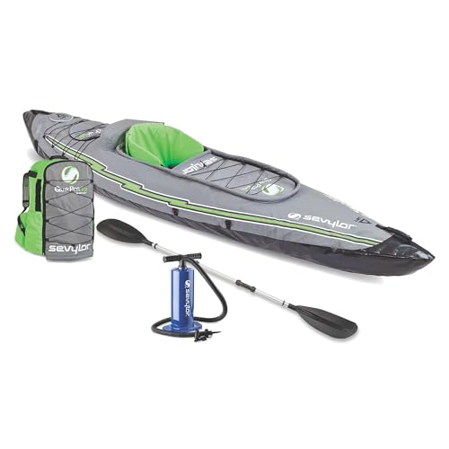 Sevylor QuickPak K5 24 Gauge PVC Polyester 1 Person Inflatable Kayak w/Hand Pump, Paddle, Double Lock Valves and Easy To Carry Backpack System, Gray