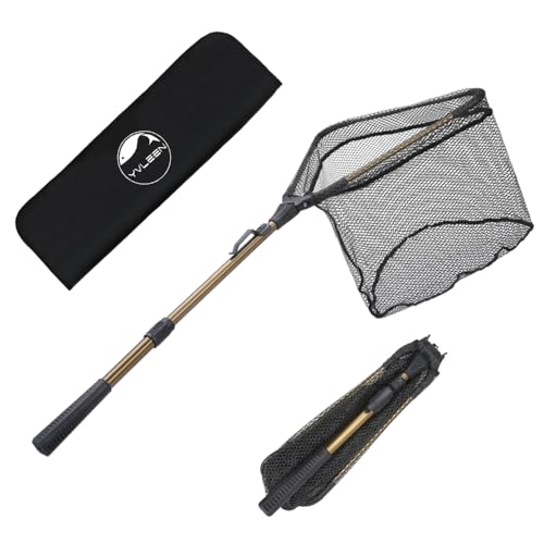 YVLEEN Folding Fishing Net - Foldable Fish Landing Net Robust Aluminum Telescopic Pole Handle and Nylon Mesh 16inch Hoop Size