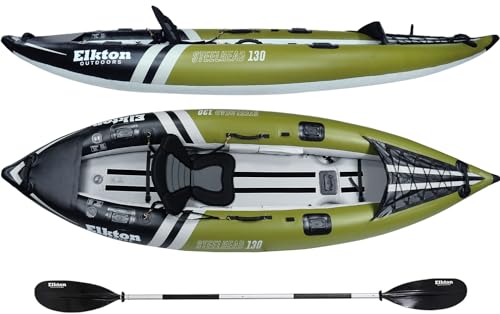 Elkton Outdoors Steelhead Inflatable Fishing Kayak - One-Person Angler Blow Up Kayak, Includes Paddle, Seat, Hard Mounting Points, Bungee Storage, Rigid Dropstitch Floor and Spray Guard