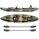 Elkton Outdoors Hard Shell Recreational Tandem Kayak, 2 or 3 Person Sit On Top Fishing Kayak Package with 2 EVA Padded Seats, Includes 2 Aluminum Paddles and Fishing Kayak Rod Holders (Camo)