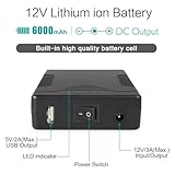 TalentCell Rechargeable 12V 6000mAh/5V 12000mAh DC Output Lithium ion Battery Pack for LED Strip/CCTV Camera/Telescope/Modem and More, Portable Li-ion Power Bank with 12.6V Charger, Black