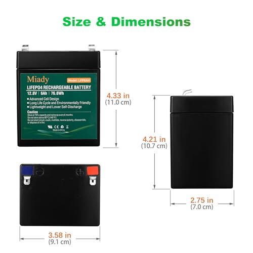 2000 Cycles 12V 6Ah Miady Lithium Iron Phosphate Battery, Rechargeable LiFePo4 Battery, Low Self-Discharge and Light Weight, for Kid Scooters, Fios Replacement Battery