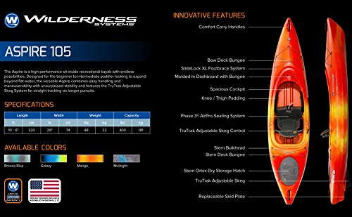 Wilderness Systems Aspire 105 | Sit Inside Recreational Kayak | Adjustable Skeg - Phase 3 Air Pro Seating | 10' 6