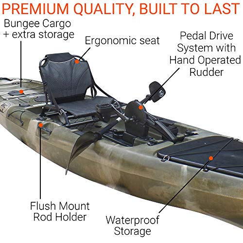 Brooklyn Kayak Company BKC UH-PK13 Pedal Drive Solo Traveler 13 Foot Kayak - Pedal Propeller Drive Single Sit On Top Fishing Kayak with Rudder Control (Camo)