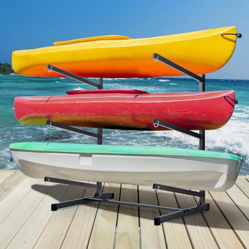 Morohope Freestanding Kayak Storage Rack Kayak Tackle Storage Heavy Duty Weatherproof Outdoor Storage Rack Storage Hooks for Kayaks, SUP, Canoe Paddleboard, 3 Levels, Black, SL35003BK