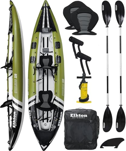 Elkton Outdoors Steelhead Inflatable Fishing Kayak Boat - 2 Person Angler Blow Up Tandem Kayak, Includes Paddles, Seats, Hard Mounting Points, Bungee Storage, Rigid Dropstitch Floor and Spray Guard