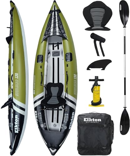 Elkton Outdoors Steelhead Inflatable Fishing Kayak - One-Person Angler Blow Up Kayak, Includes Paddle, Seat, Hard Mounting Points, Bungee Storage, Rigid Dropstitch Floor and Spray Guard