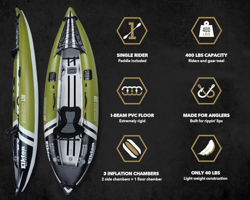 Elkton Outdoors Steelhead Inflatable Fishing Kayak - One-Person Angler Blow Up Kayak, Includes Paddle, Seat, Hard Mounting Points, Bungee Storage, Rigid Dropstitch Floor and Spray Guard