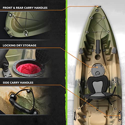 Elkton Outdoors Hard Shell Recreational Tandem Kayak, 2 or 3 Person Sit On Top Fishing Kayak Package with 2 EVA Padded Seats, Includes 2 Aluminum Paddles and Fishing Kayak Rod Holders (Camo)