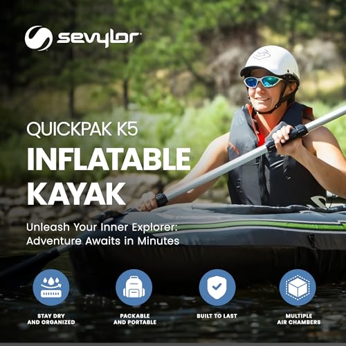 Sevylor QuickPak K5 24 Gauge PVC Polyester 1 Person Inflatable Kayak w/Hand Pump, Paddle, Double Lock Valves and Easy To Carry Backpack System, Gray