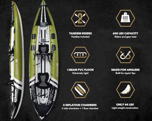 Elkton Outdoors Steelhead Inflatable Fishing Kayak Boat - 2 Person Angler Blow Up Tandem Kayak, Includes Paddles, Seats, Hard Mounting Points, Bungee Storage, Rigid Dropstitch Floor and Spray Guard