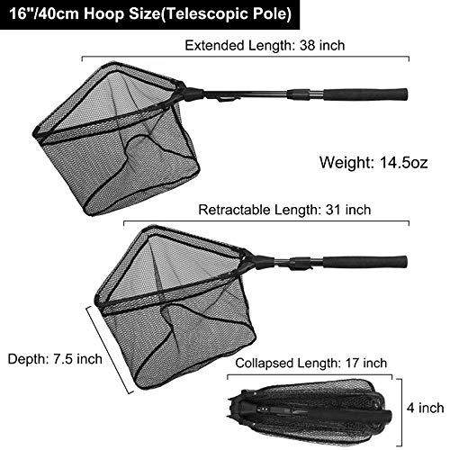 PLUSINNO Fishing Net Fish Landing Net, Foldable Collapsible Telescopic Pole Handle, Durable Nylon Material Mesh, Safe Fish Catching or Releasing (16