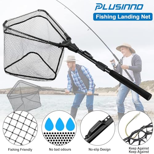 PLUSINNO Fishing Net Fish Landing Net, Foldable Collapsible Telescopic Pole Handle, Durable Nylon Material Mesh, Safe Fish Catching or Releasing (16