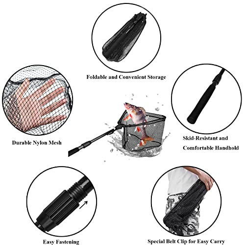 PLUSINNO Fishing Net Fish Landing Net, Foldable Collapsible Telescopic Pole Handle, Durable Nylon Material Mesh, Safe Fish Catching or Releasing (16