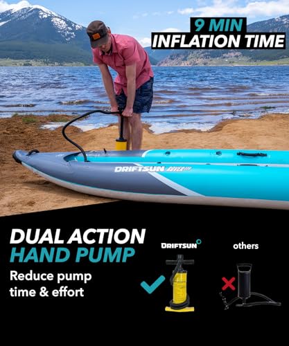 Driftsun Rover Inflatable Kayak - White Water Kayaks for 1 and 2 Person, High Pressure Dropstitch Floor Kayak for Adults with Padded Seats, Action Cam Mount, Aluminum Paddles and Quick Inflate Pump