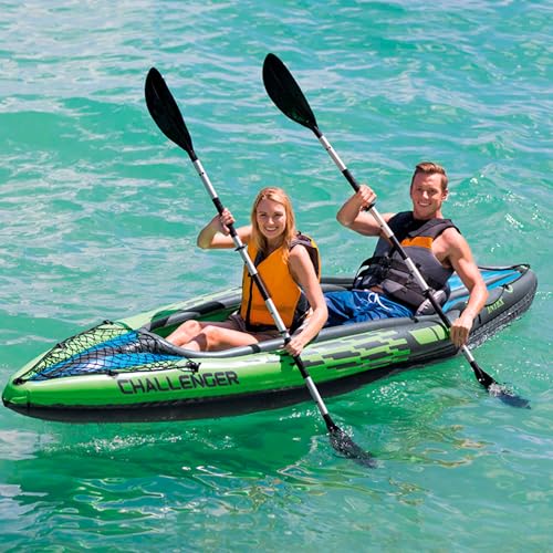 INTEX Challenger Inflatable Kayak Series: Includes Deluxe 86in Kayak Paddles and High-Output Pump – SuperStrong PVC – Adjustable Seat with Backrest – Removable Skeg – Cargo Storage Net
