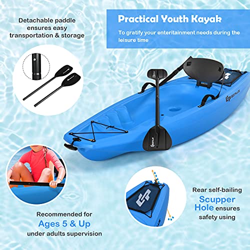 Goplus 6FT Youth Kayak, Kids Recreational Rowing Fishing Boat w/Paddle, Folding Backrest, Storage Hatch, 4-Level Footrest, Sit-On-Top Kayak Canoe for Children Over 5 (Blue)