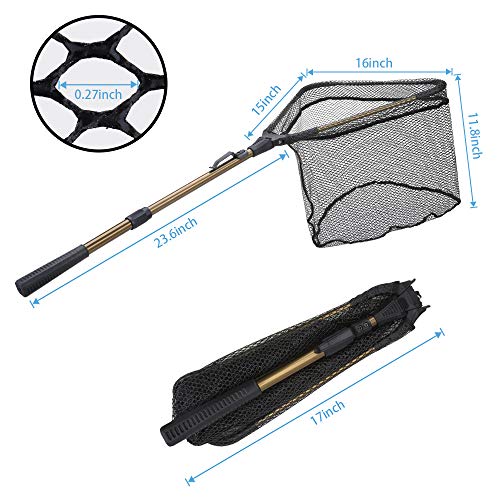 YVLEEN Folding Fishing Net - Foldable Fish Landing Net Robust Aluminum Telescopic Pole Handle and Nylon Mesh 16inch Hoop Size
