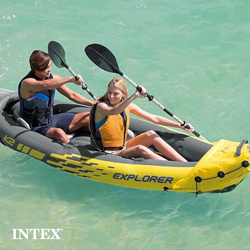 Intex 2-Person Inflatable Kayak Set w/ Pump, Aluminum Oars, Adjustable Seats, Explorer K2 - Tandem Blow-up Raft for Adults, Great for Lakes or Rivers