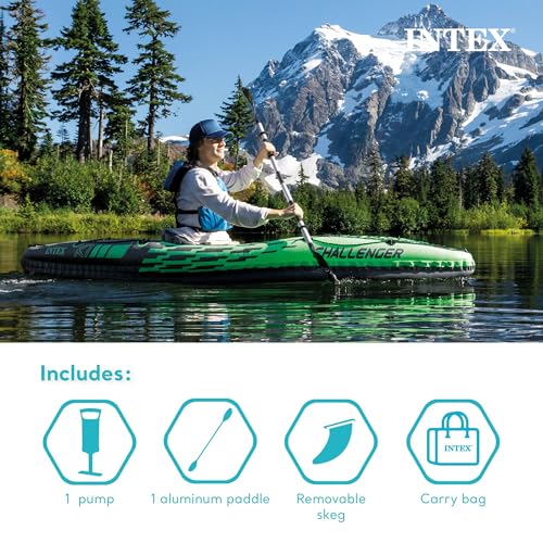 INTEX 68305EP Challenger K1 Inflatable Kayak Set: Includes Deluxe 86in Kayak Paddles and High-Output Pump – Adjustable Seat with Backrest – Removable Skeg – 1-Person – 220lb Weight Capacity