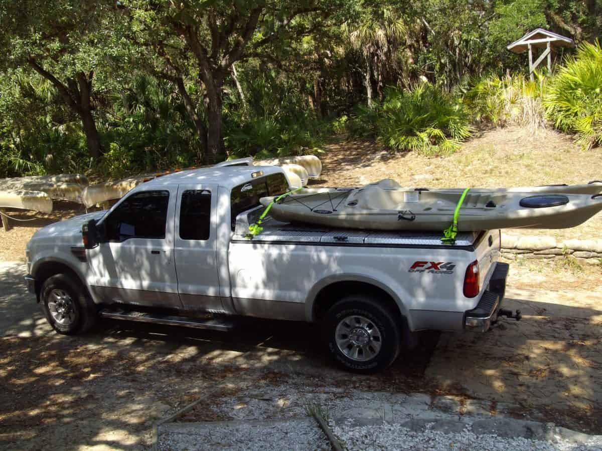 Kayak being transported in truck bed