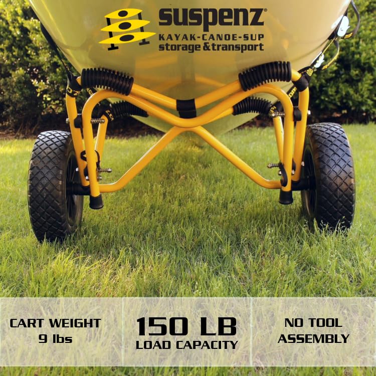 Suspenz Kayak Canoe Transport Trailer, DLX Kayak Cart, Trolley with Airless Wheels and Straps, Weight Capacity 150 lbs, Yellow (22-0044)