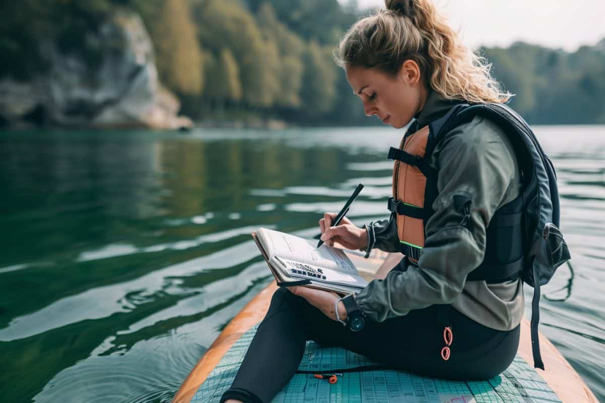 A Women Calculating the Calories she Burnt While Paddle Boarding 