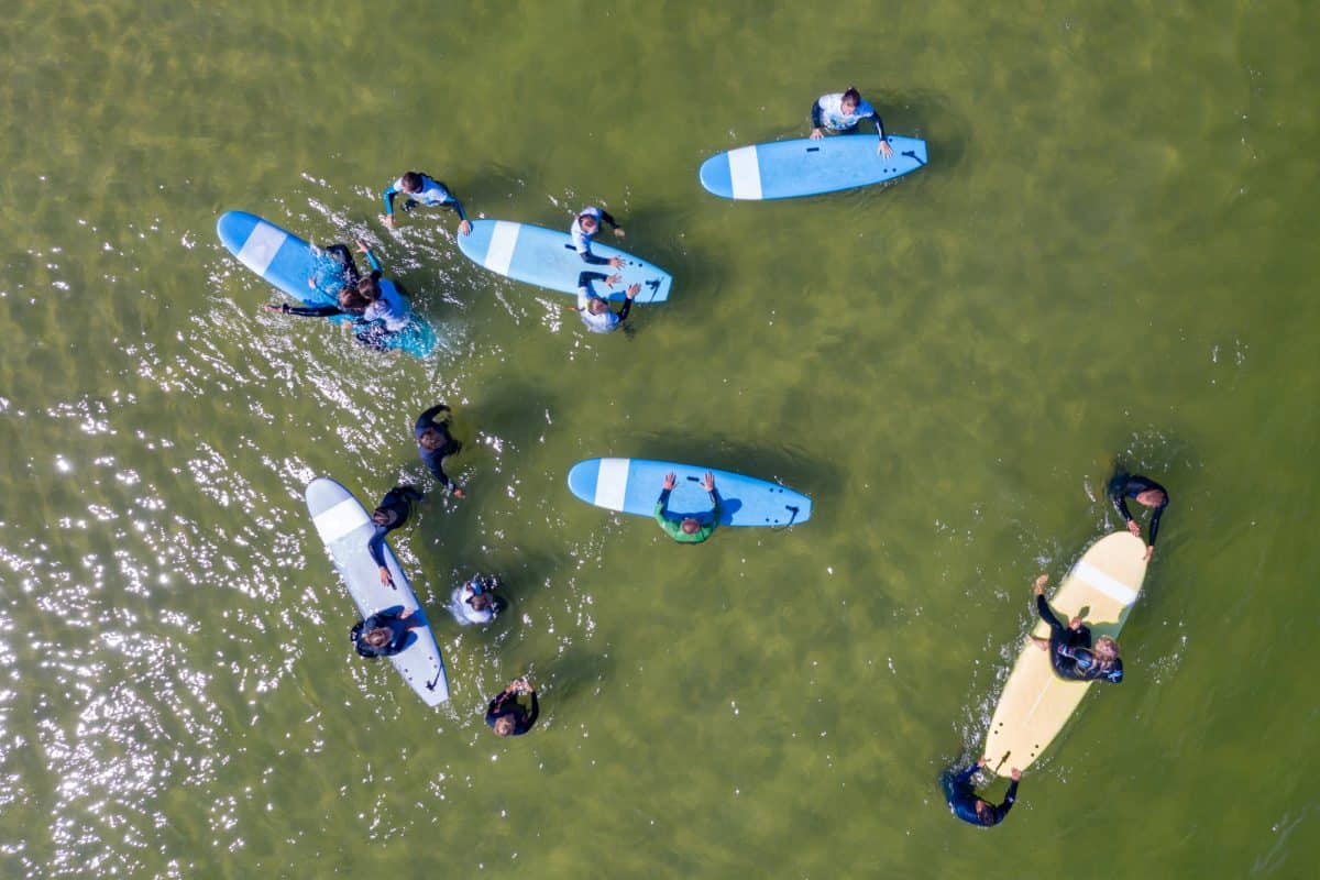 Aerial Drone View People Taking Paddle Boarding Lesson