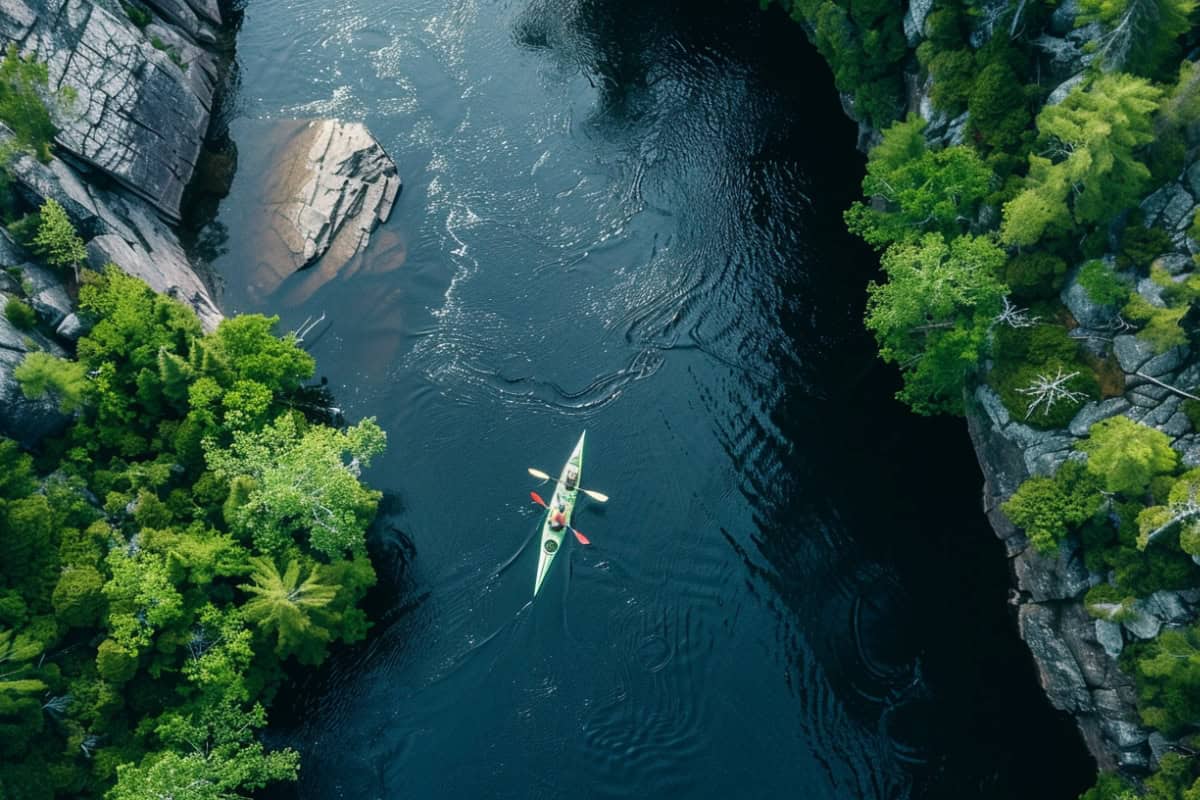 Ariel shot of a pair in a tandem kayak