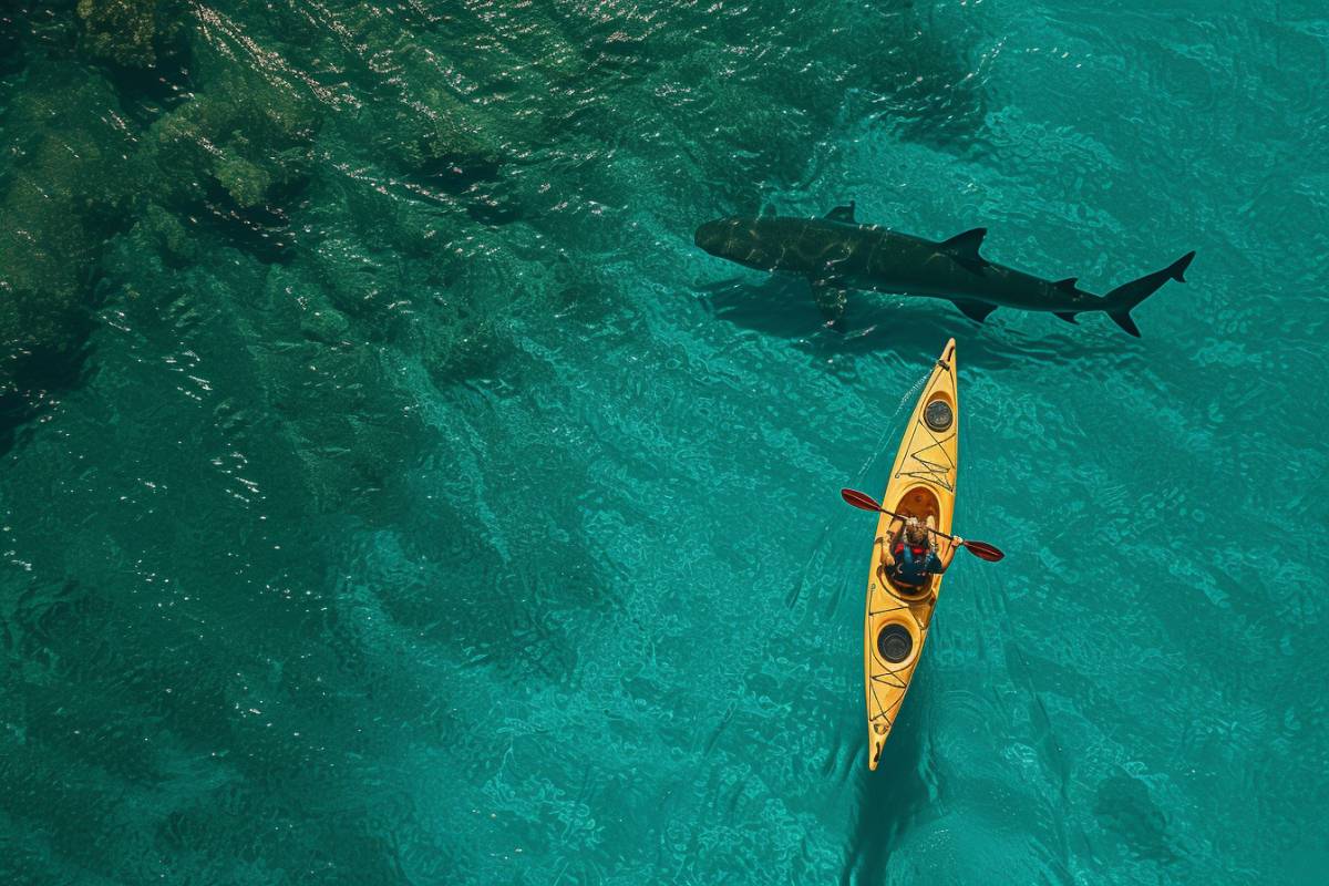 Ariel shot of Tiger shark circling a kayak