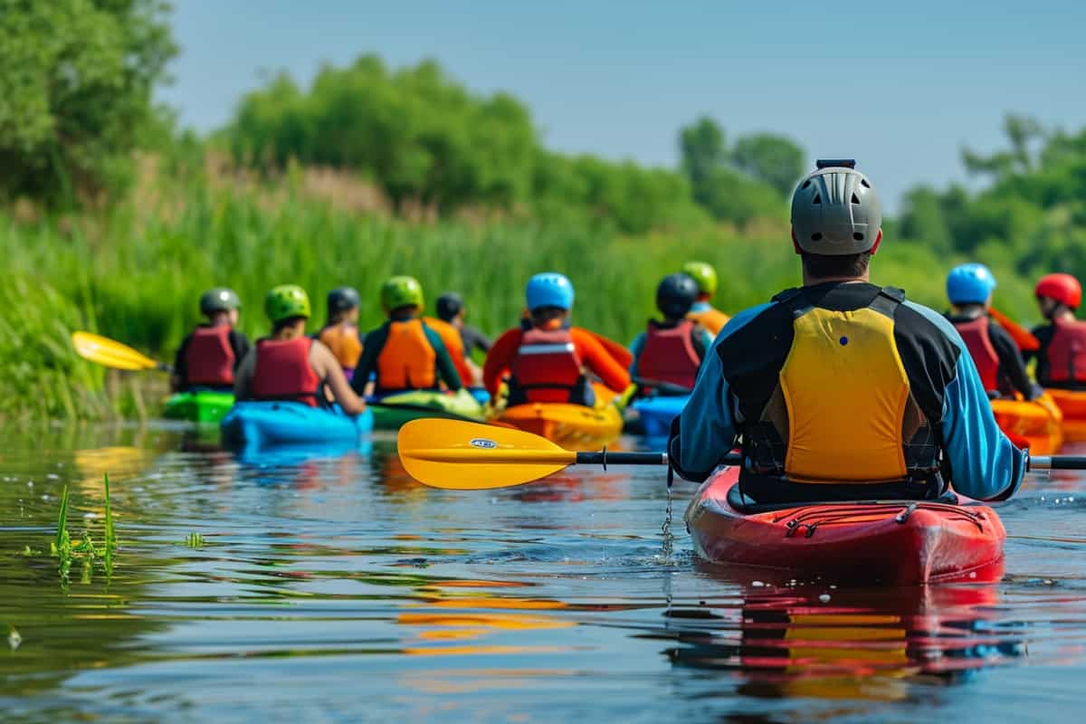 Beginner Kayakers out on a lesson with their instructor