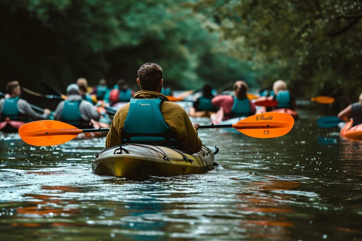 Beginners kayaking together on a kayak tour