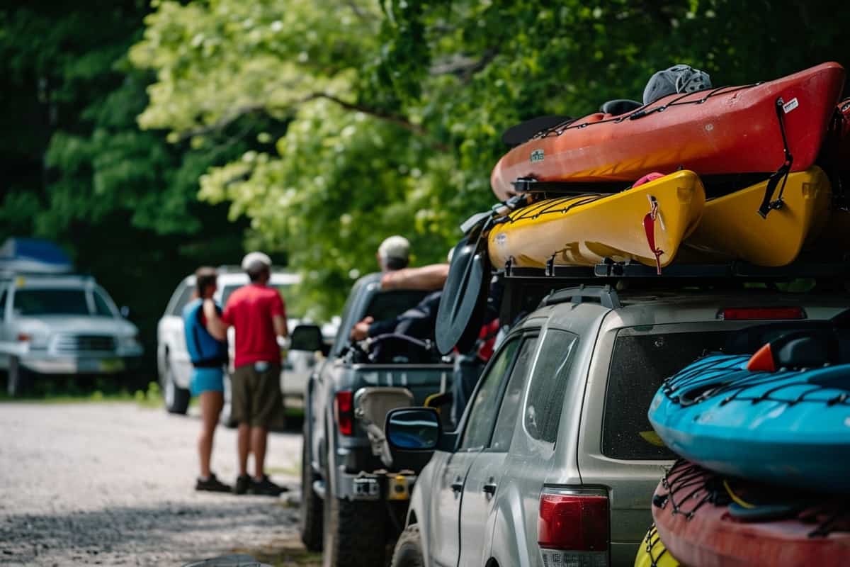 Brightly colored kayaks being transported on car roof rack and trailer
