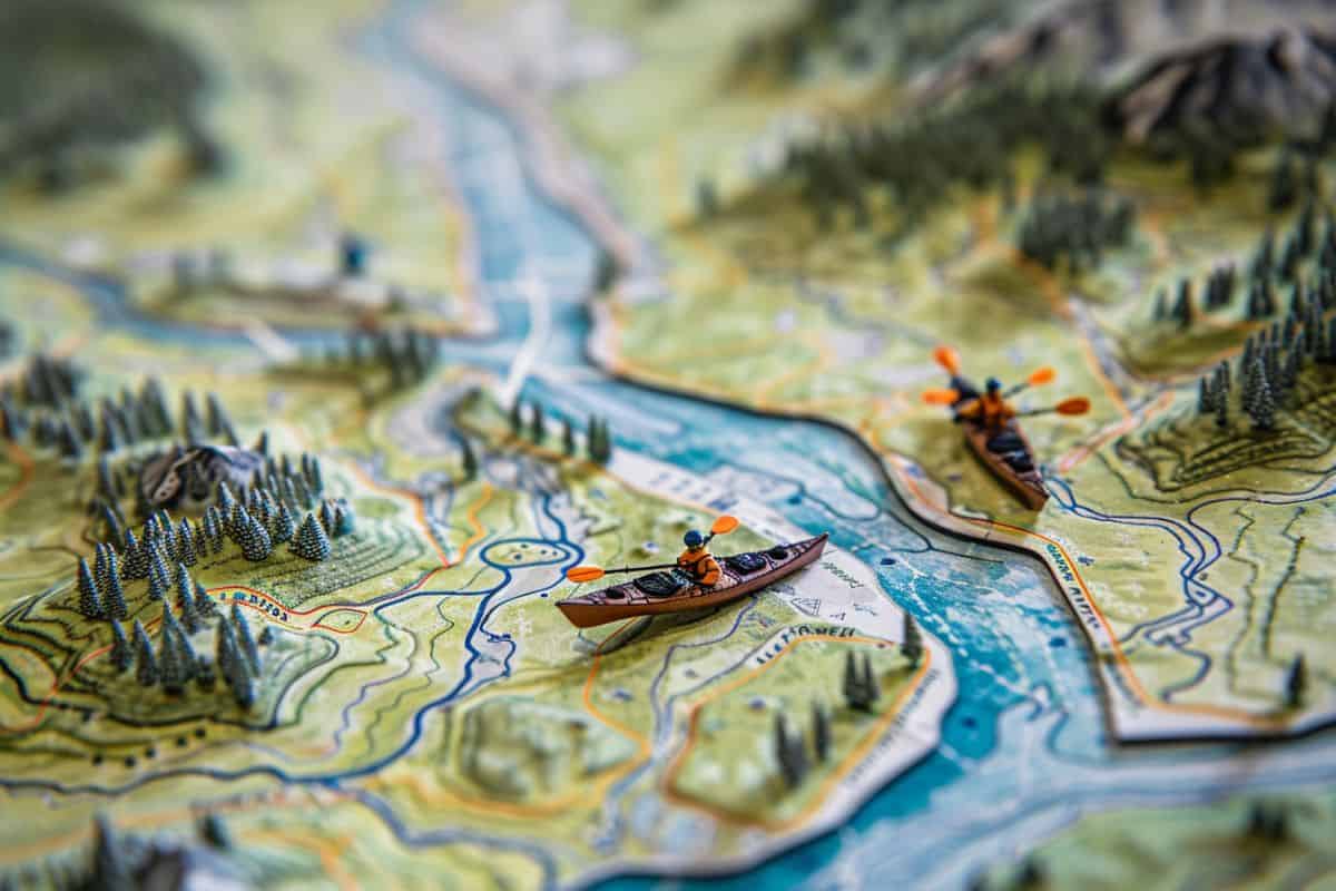 Close up of a map showing the route for an overnight kayaking trip