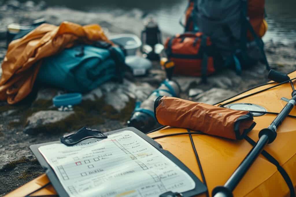 Close up of kayaking and camping equipment