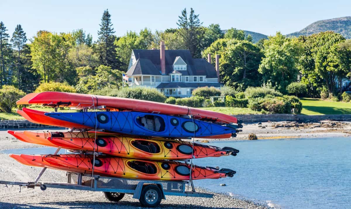 Colorful Kayaks on Kayak Trailer on Coast of Bar Harbor