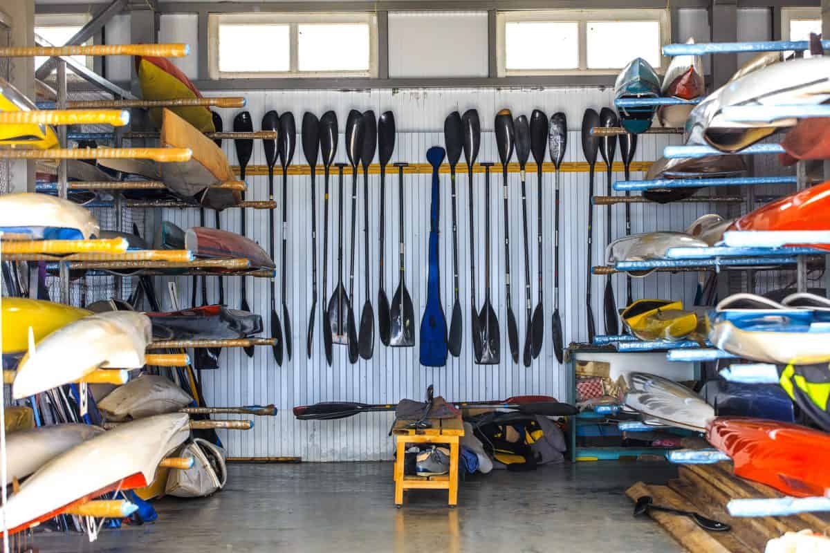 Kayaks being stored in garage