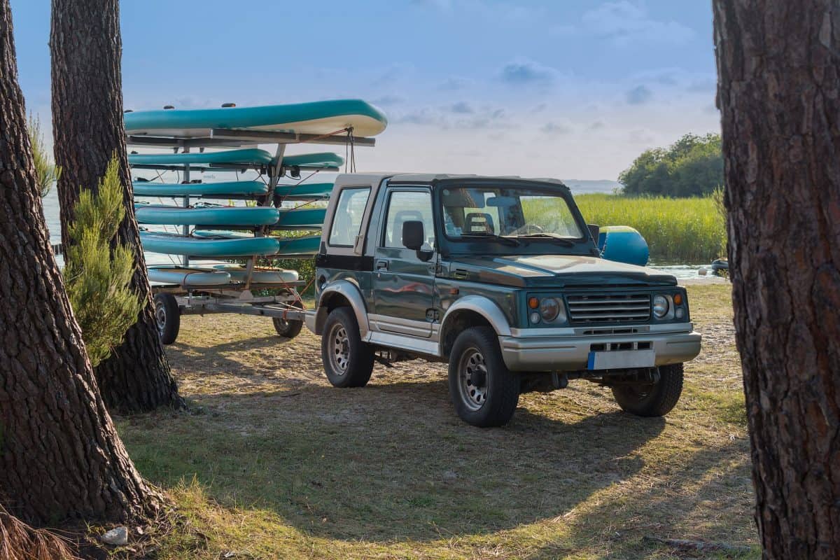 Trailer with kayaks and paddles