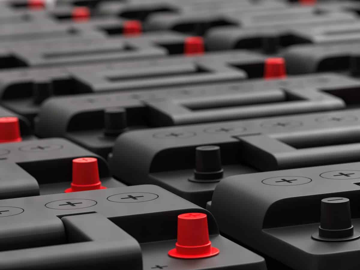 rows of new 12V kayak batteries