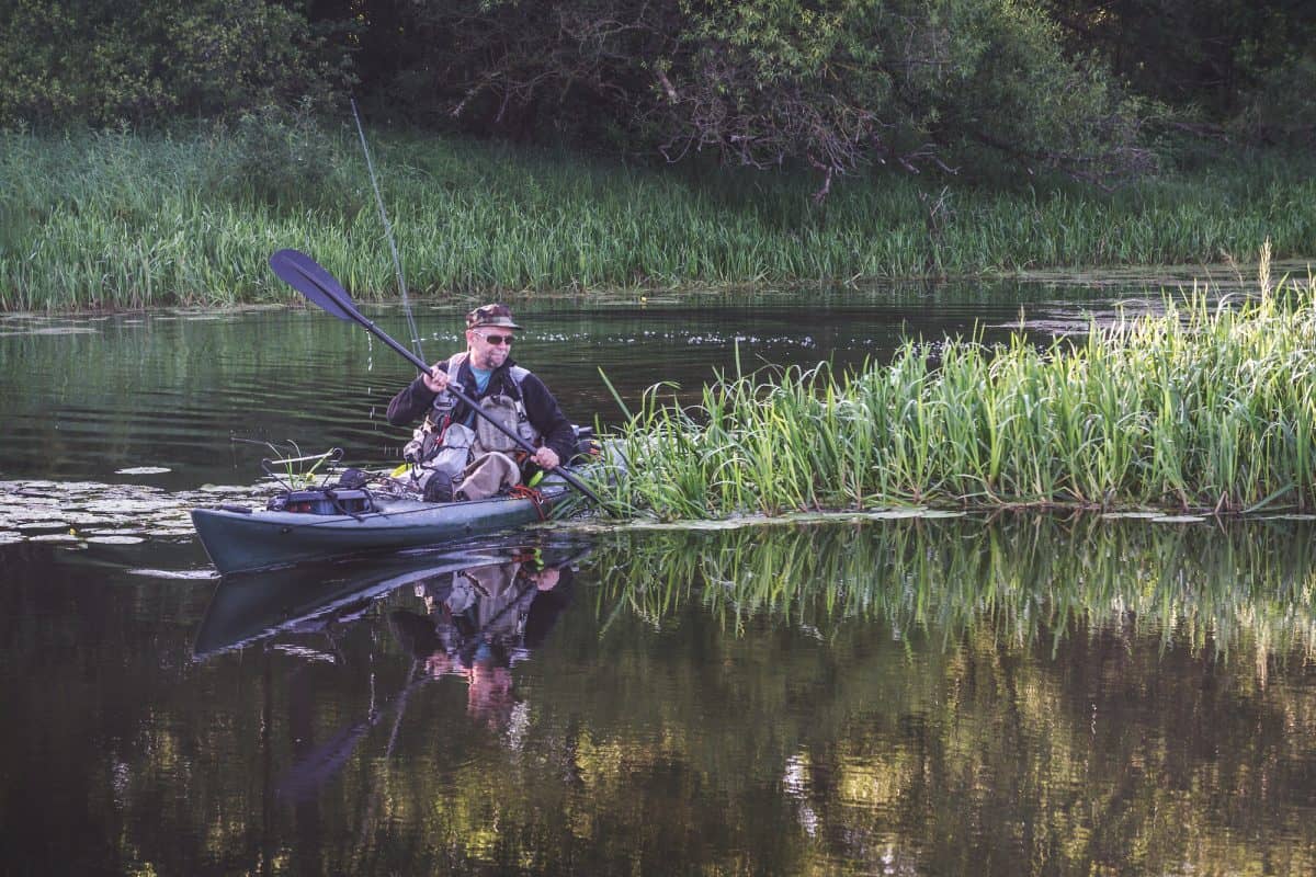 angler paddling around reeds in best cheap kayak for fishing