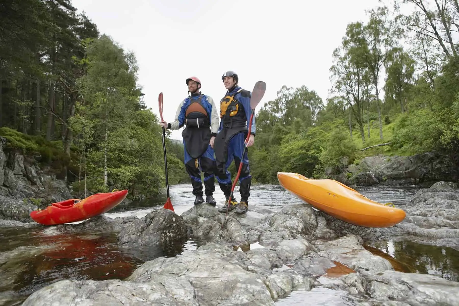 2 guys in full Kayaking Clothing holding paddles
