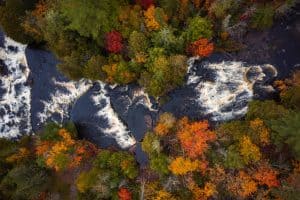 aerial look down photograph of white water rapids