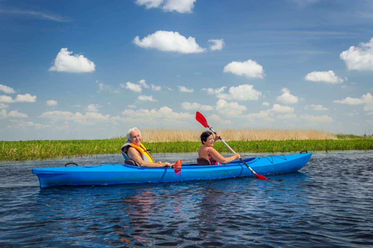 Couple of Recreational Paddlers in  a Tandem Kayak on River