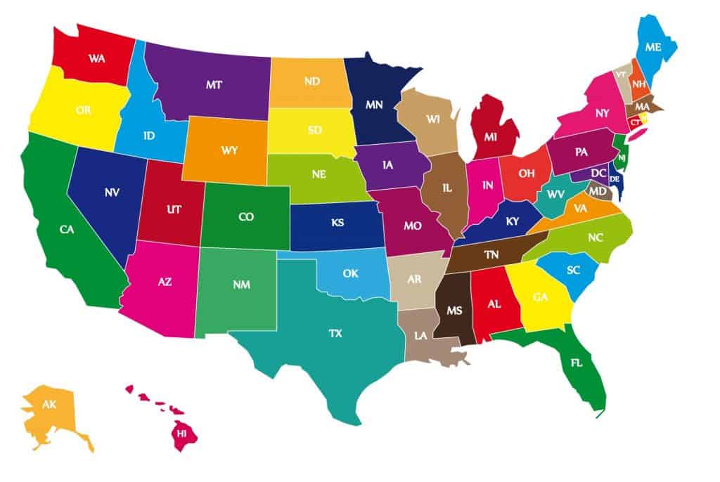 Detail color map of USA with name of states.